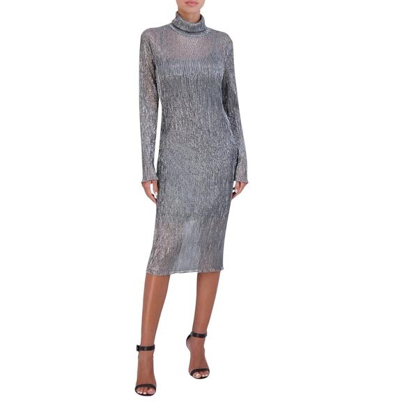 BCBGMAXAZRIA Midi Dress Large Gunmetal Glitter Mesh Bodycon Evening Glamour NEW - Picture 1 of 16